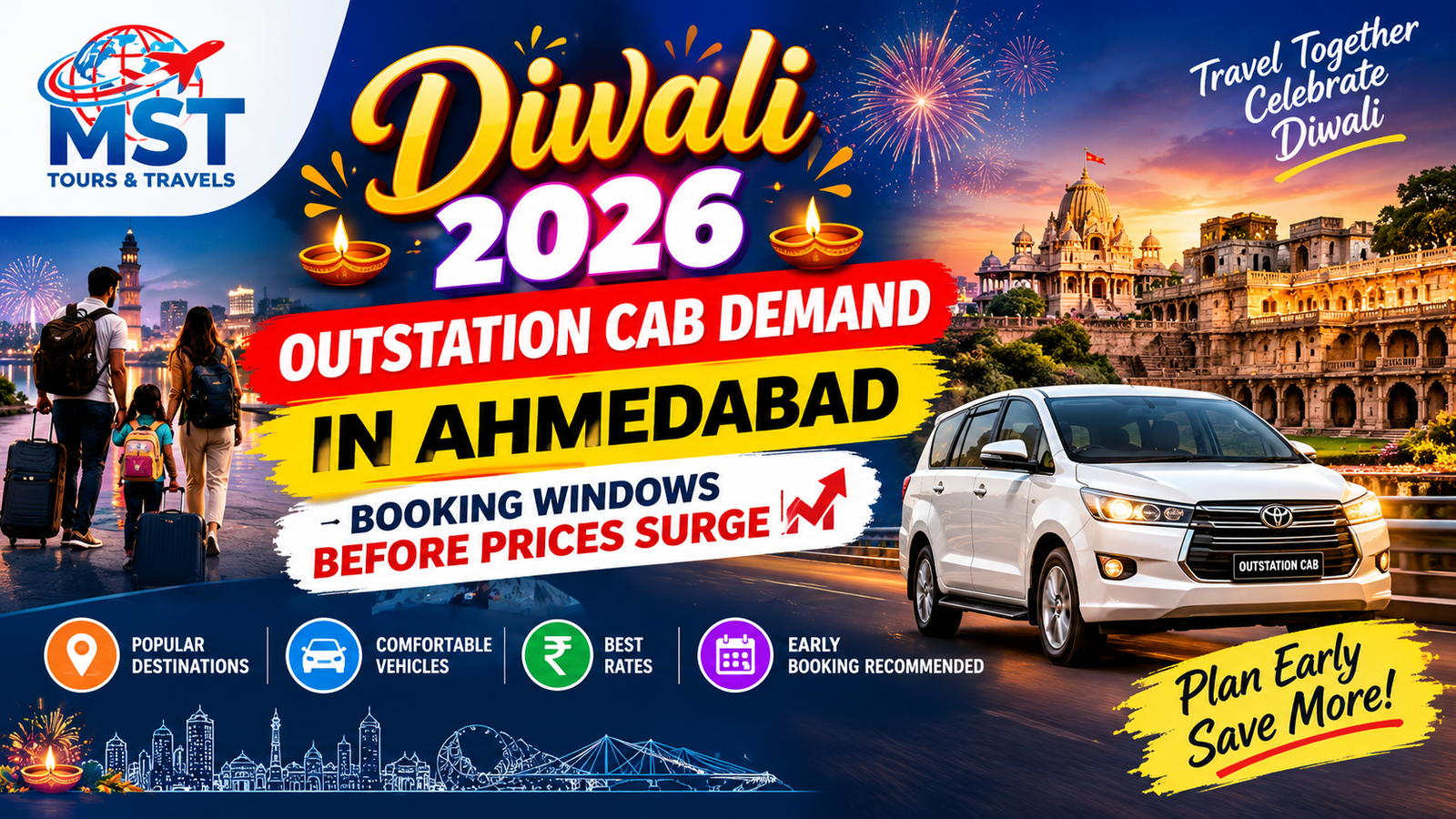 Diwali 2026 outstation cab demand in Ahmedabad — booking windows before prices surge